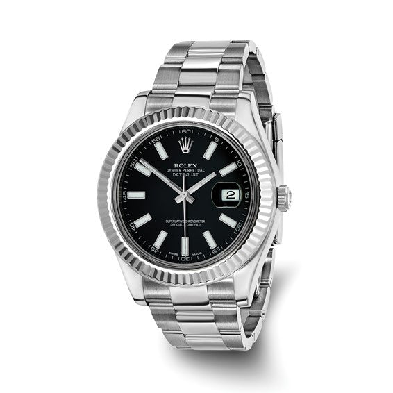 Men's Rolex-Independently Certified Stainless Steel 41mm OYSTER Datejust II With BLACK Dial and 18k White Fluted Bezel