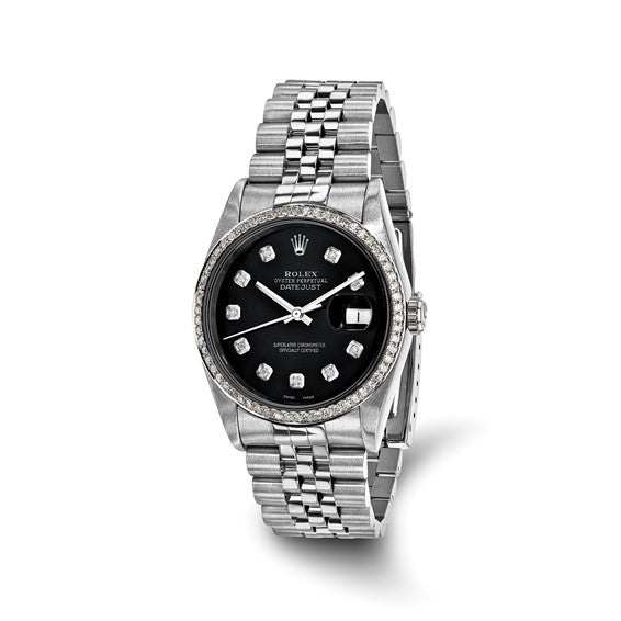 Men's Rolex-Independently Certified Steel 36mm Jubilee Datejust Black Diamond Dial and Bezel Watch