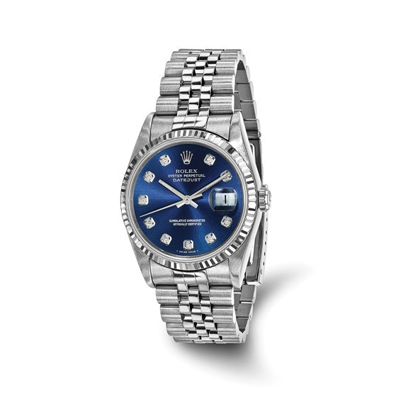 Men's Rolex-Independently Certified Steel 36mm Jubilee Datejust Blue Diamond Dial and 18k Fluted Bezel Watch