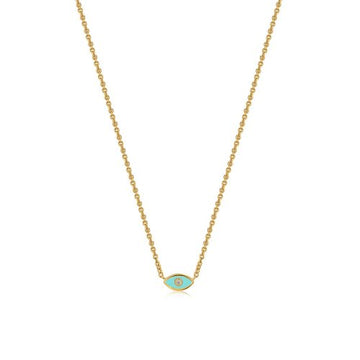 Sterling Silver Gold Plated Light Blue Enamel Evil Eye Necklace (N-1502-LB)