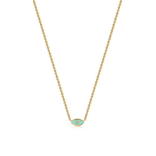 Sterling Silver Gold Plated Light Blue Enamel Evil Eye Necklace (N-1502-LB)